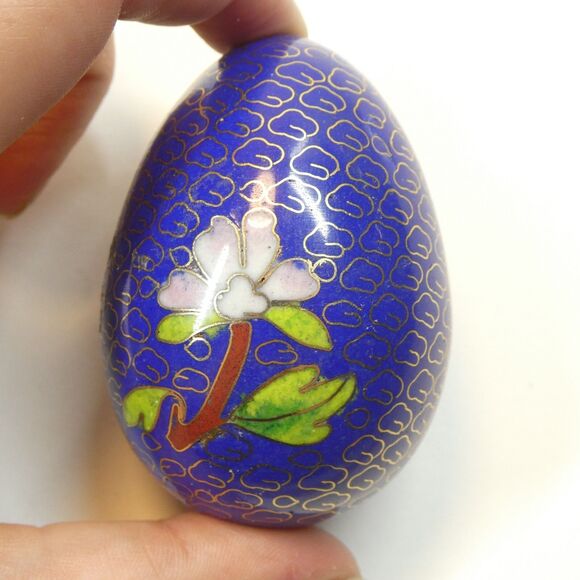 Cloisonne Enamel Egg Vintage Pink Chrysanthemum Flowers on Blue AS IS - Picture 4 of 7